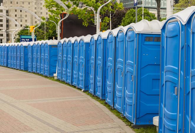 portable restrooms stationed outside of a high-profile event, with attendants available for assistance in Bloomingdale